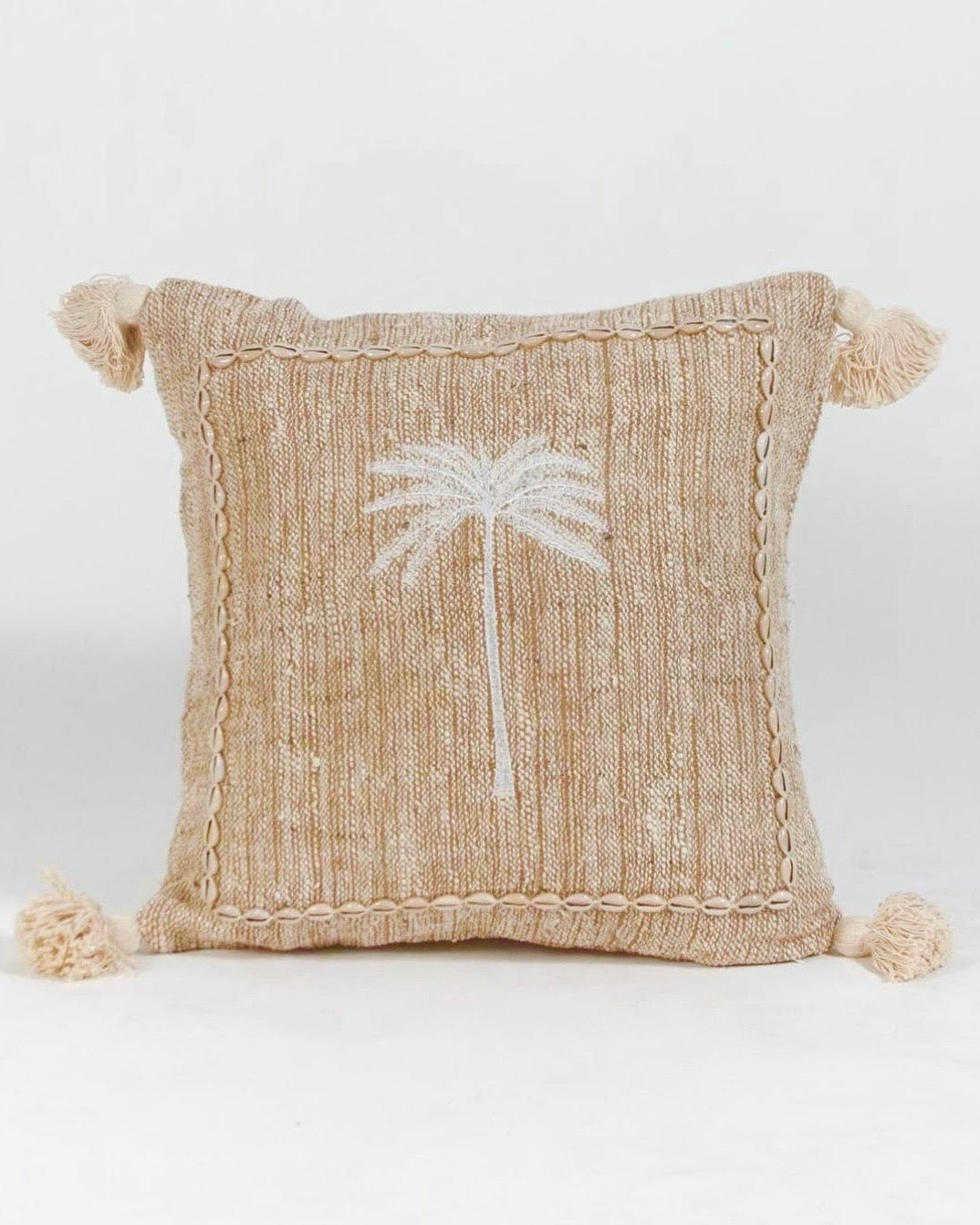 ALMOHADON PALMERAS LINO LAWAN - POMPONES / FLECOS