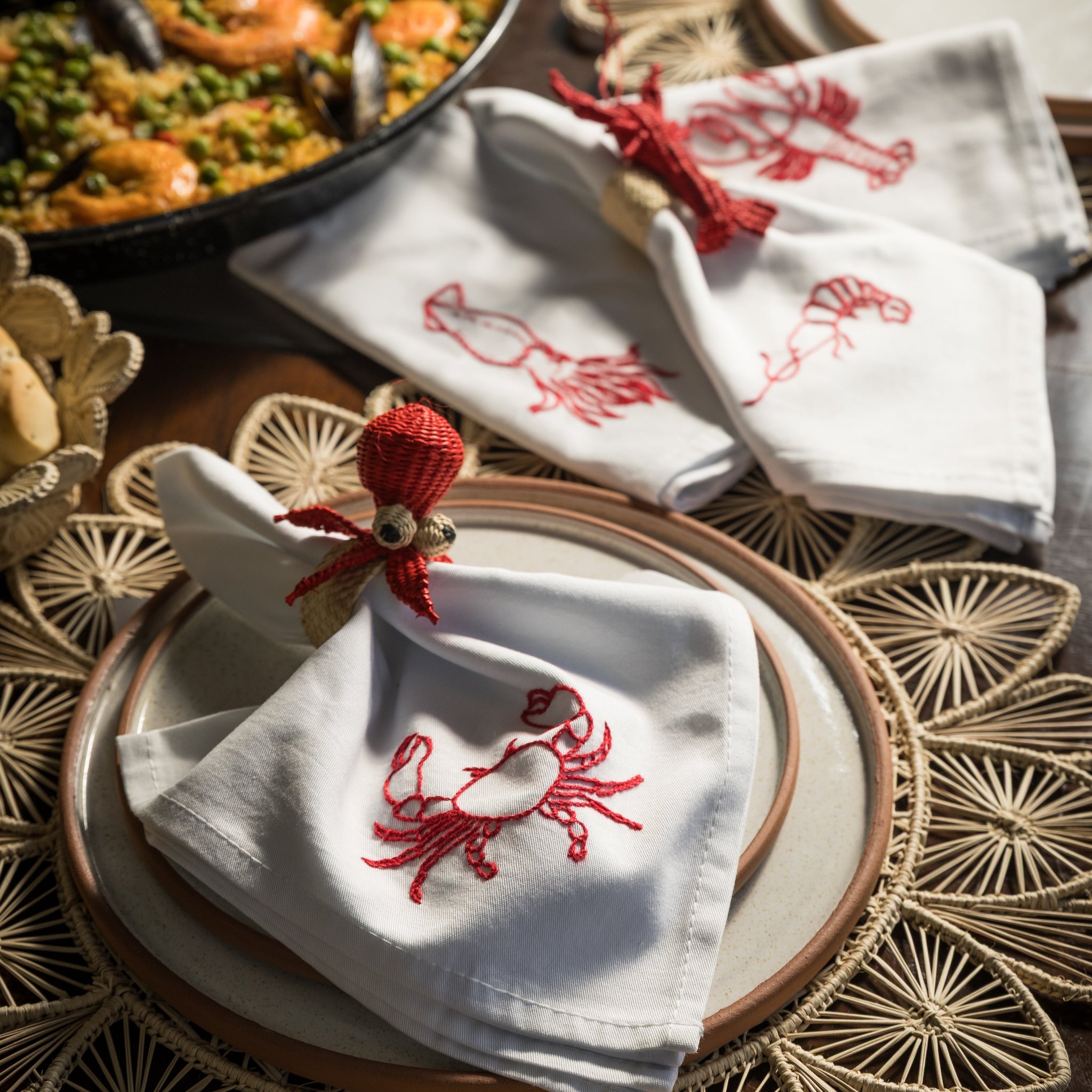 SERVILLETAS DE ALGODÓN BORDADAS - BICHOS MAR (PACK DE 4)